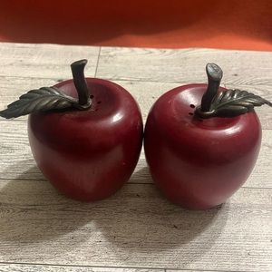 Vintage Wooden Apple Salt & Pepper Shakers w/ brass leaves